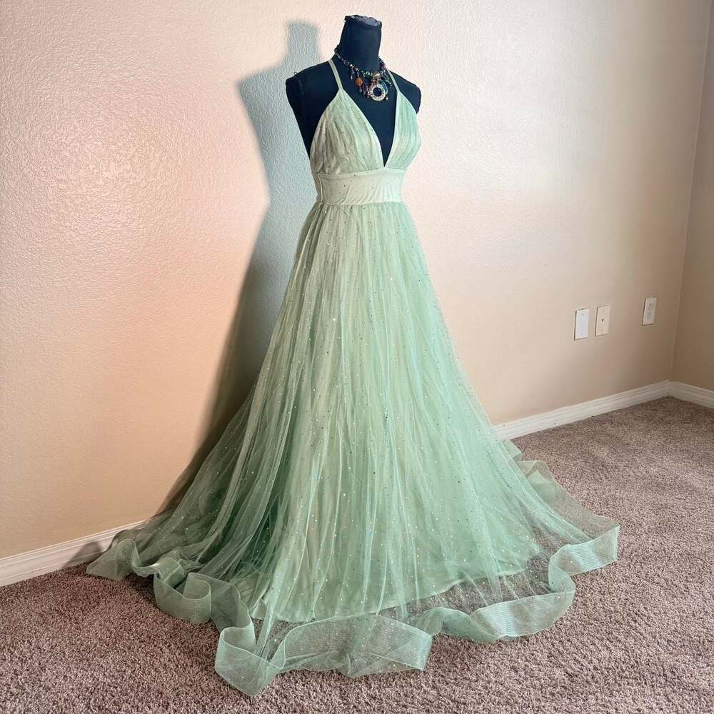 Vintage Mint Green Tulle Sequin Fairycore Prom Gown